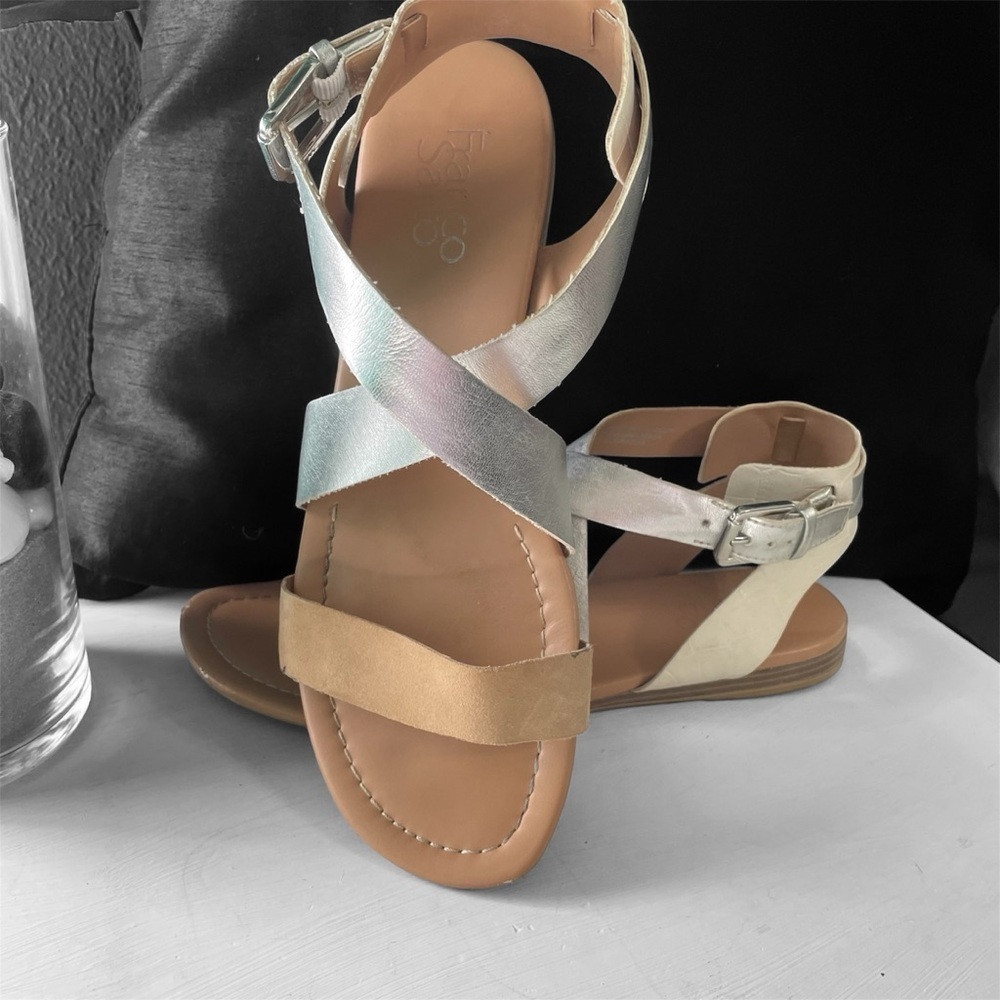 Franco Sarto sandals size 8M tan,silver,wht strappy leather upper buckle closure